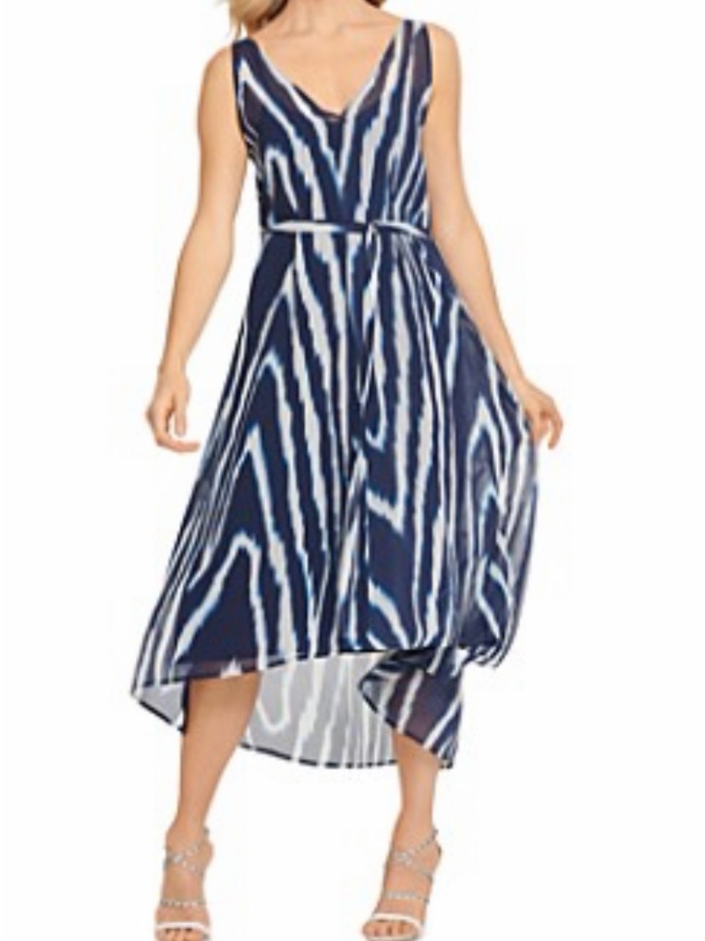 DKNY Navy and White Double V High Low Maxi Dress